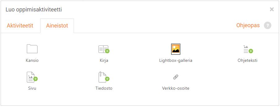 Kuvakaappaus Moodleroomsin Aineistot-välilehdestä