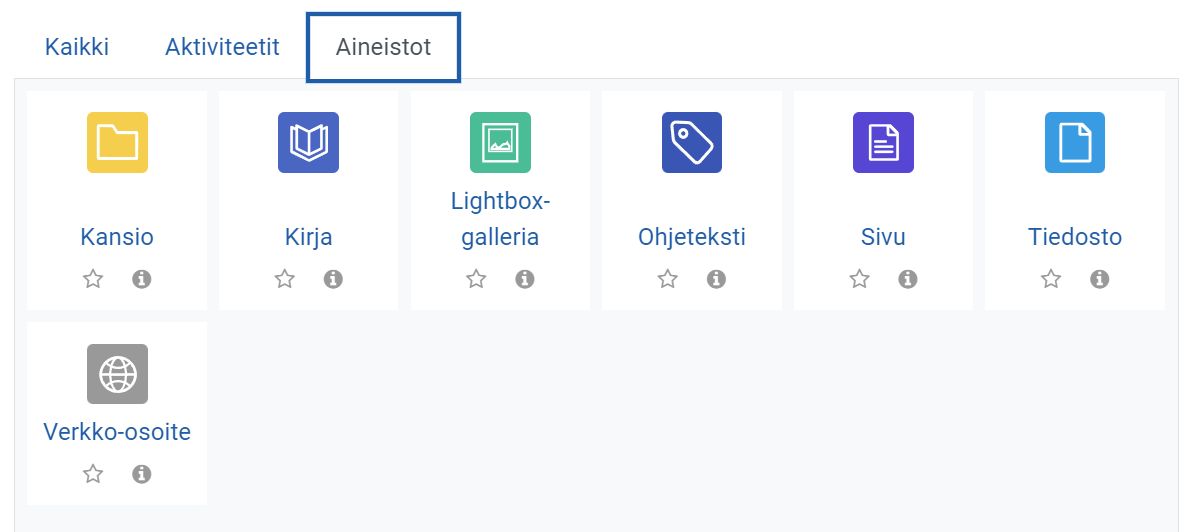 Moodleroomsin aineistovaihtoehtojen ikonit kuvakaappauksena.