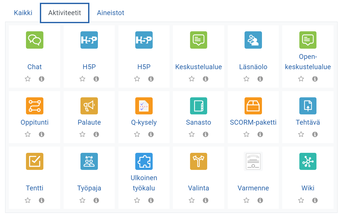 Moodleroomsin aktiviteettien ikonit kuvakaappauksena